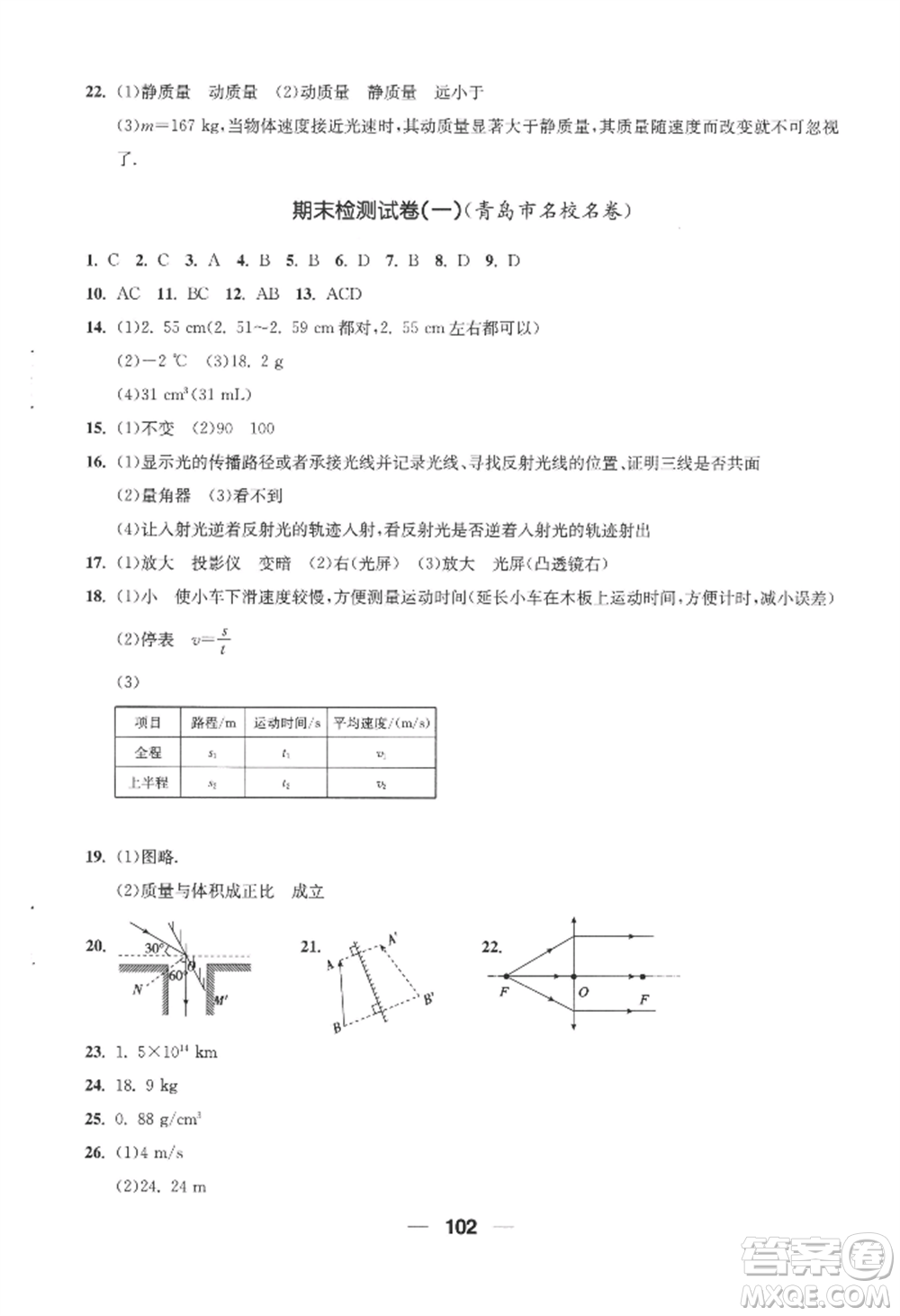 青島出版社2022新課堂學(xué)習(xí)與探究八年級上冊物理人教版參考答案