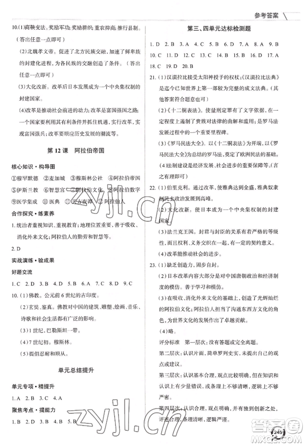 青島出版社2022新課堂學(xué)習(xí)與探究九年級歷史人教版參考答案