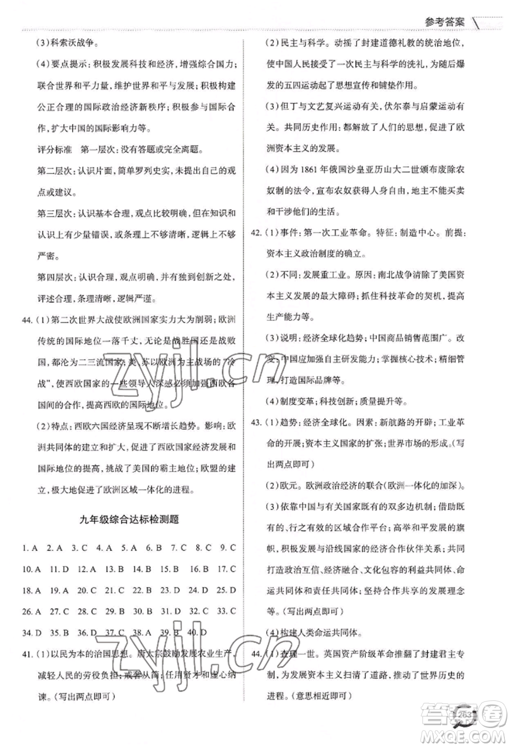 青島出版社2022新課堂學(xué)習(xí)與探究九年級歷史人教版參考答案