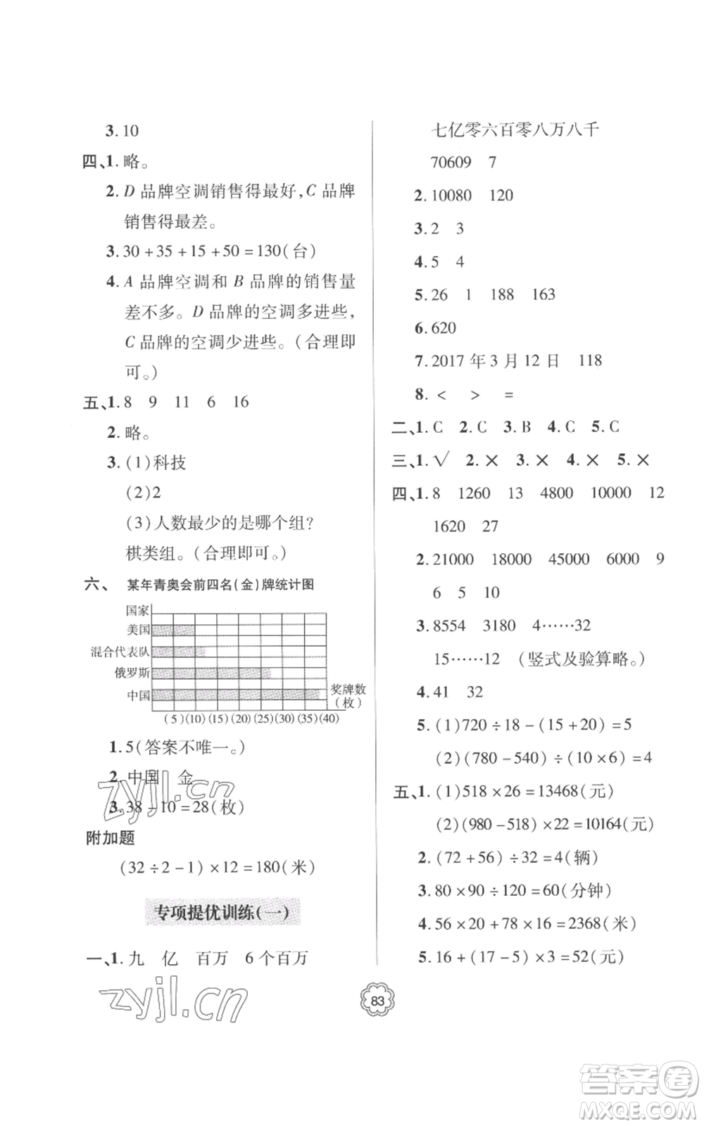 青島出版社2022新課堂同步學習與探究提優(yōu)訓練四年級上冊數(shù)學青島版參考答案