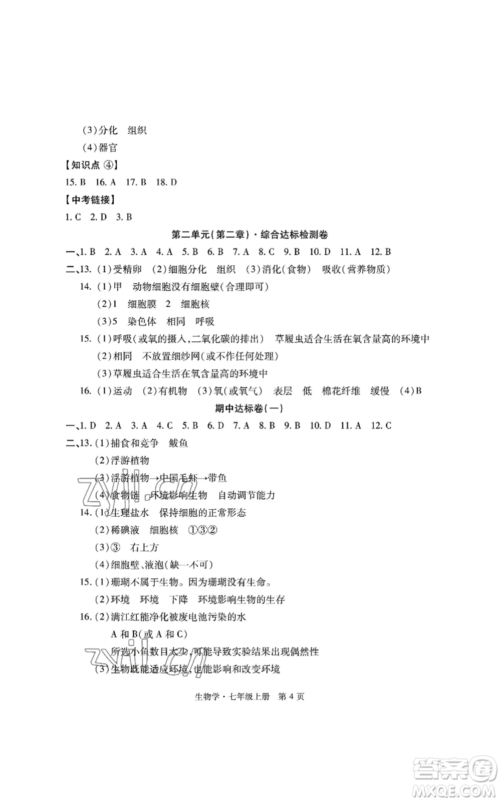 明天出版社2022初中同步練習(xí)冊(cè)自主測(cè)試卷七年級(jí)上冊(cè)生物學(xué)人教版參考答案