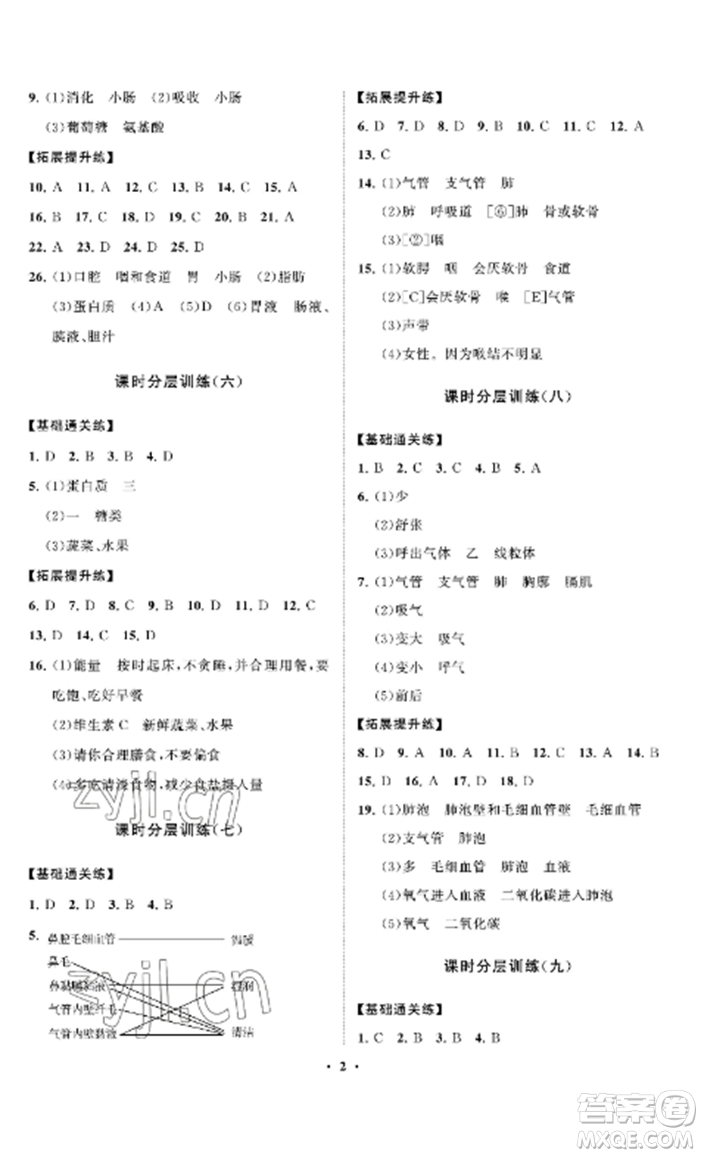 山東教育出版社2022初中同步練習(xí)冊(cè)分層卷七年級(jí)生物上冊(cè)魯科版五四制參考答案