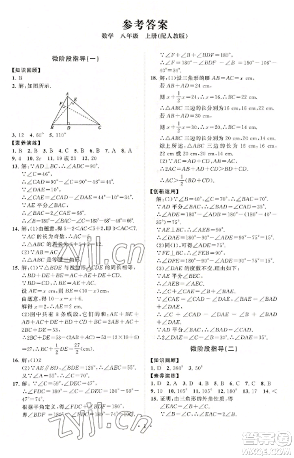 山東教育出版社2022初中同步練習(xí)冊分層卷八年級數(shù)學(xué)上冊人教版參考答案