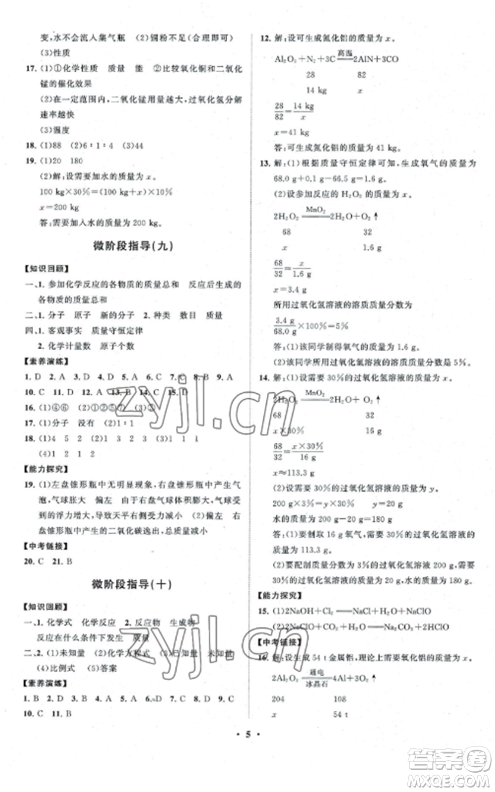 山東教育出版社2022初中同步練習冊分層卷九年級化學上冊魯教版參考答案