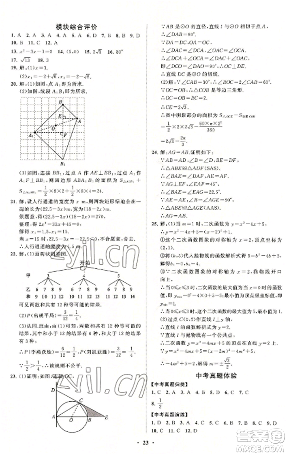 山東教育出版社2022初中同步練習冊分層卷九年級數(shù)學上冊人教版參考答案