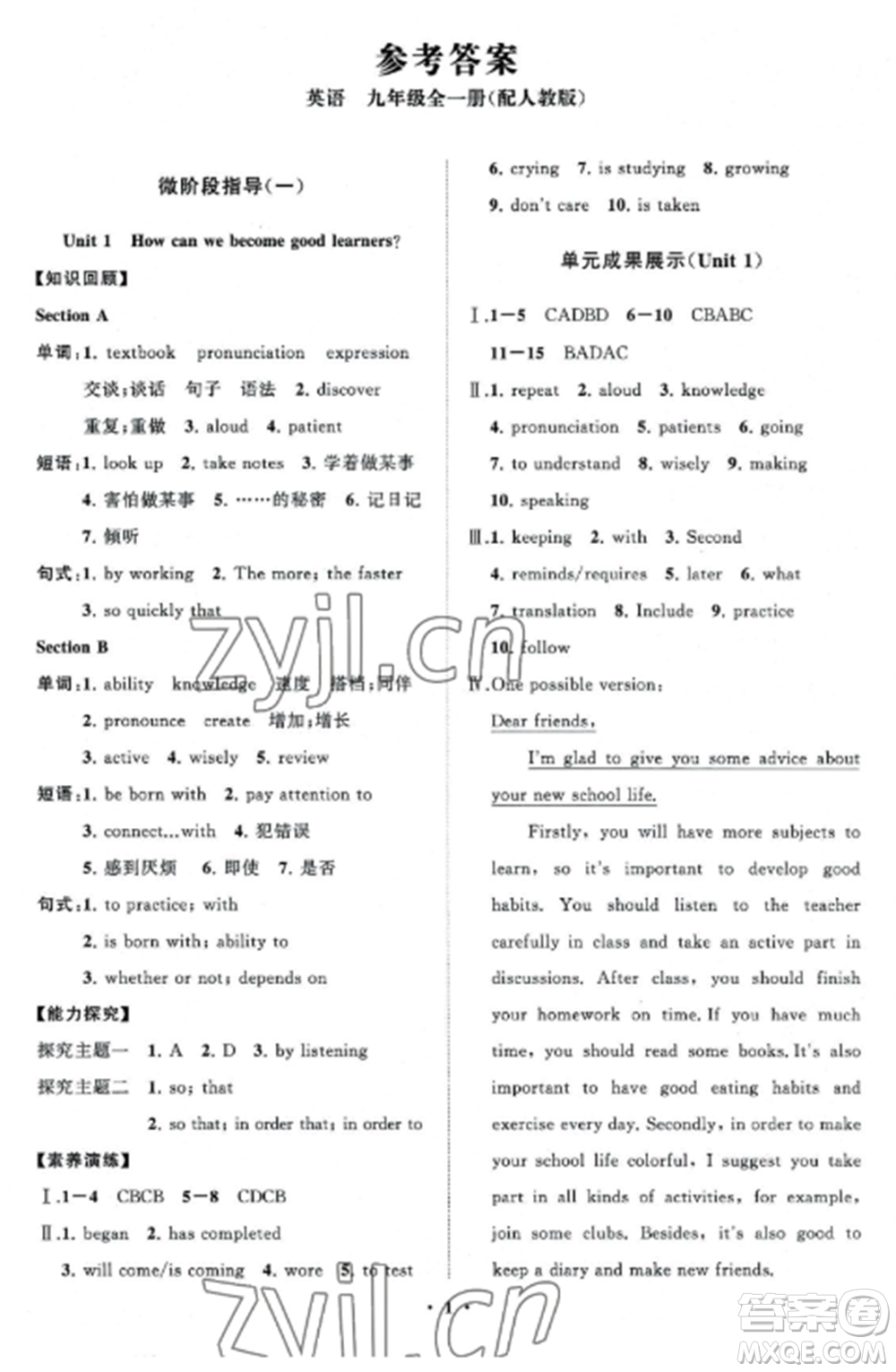 山東教育出版社2022初中同步練習(xí)冊(cè)分層卷九年級(jí)英語全冊(cè)人教版參考答案