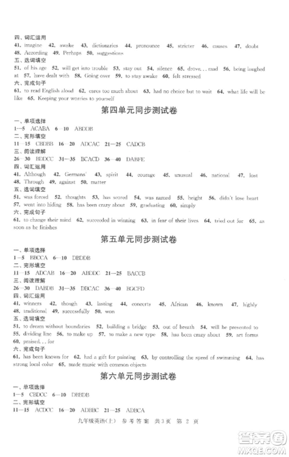 南京出版社2022伴你學(xué)單元達(dá)標(biāo)測(cè)試卷九年級(jí)英語(yǔ)上冊(cè)譯林版參考答案