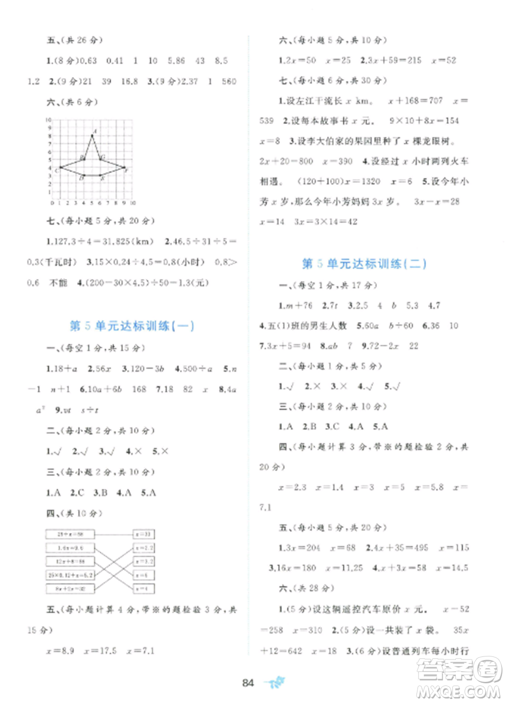 廣西師范大學(xué)出版社2022新課程學(xué)習(xí)與測評單元雙測五年級數(shù)學(xué)上冊人教版A版參考答案