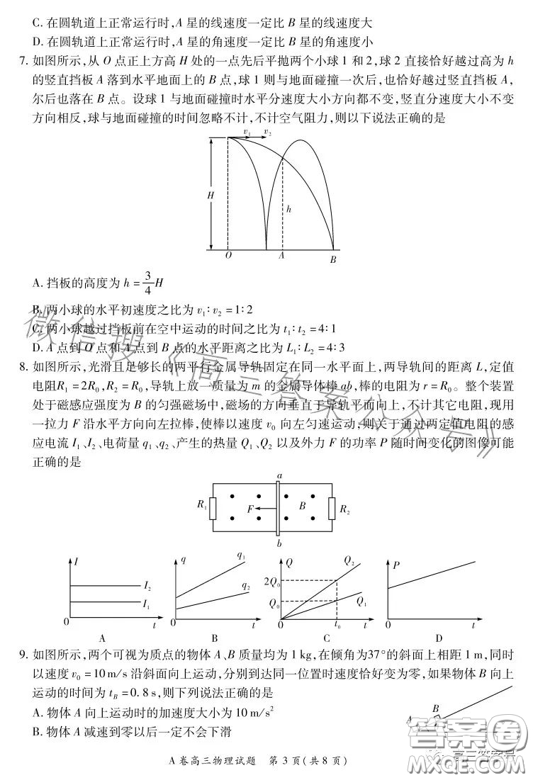 2022-2023學(xué)年全國(guó)重點(diǎn)高中新百年競(jìng)優(yōu)聯(lián)考高三物理A試卷答案