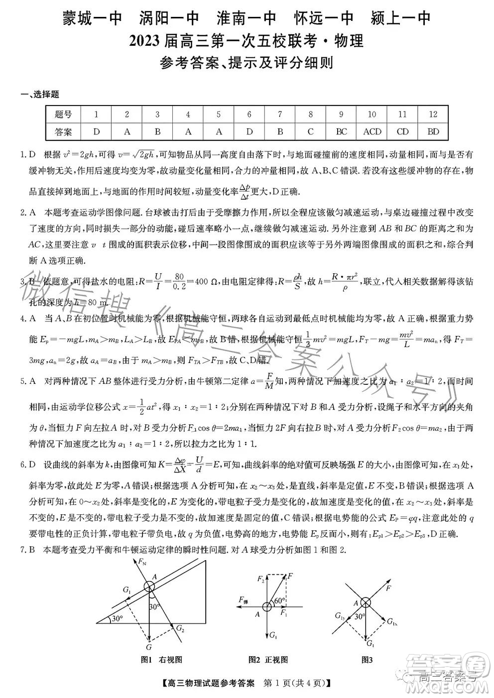 安徽2023屆高三第一次五校聯(lián)考物理試卷答案