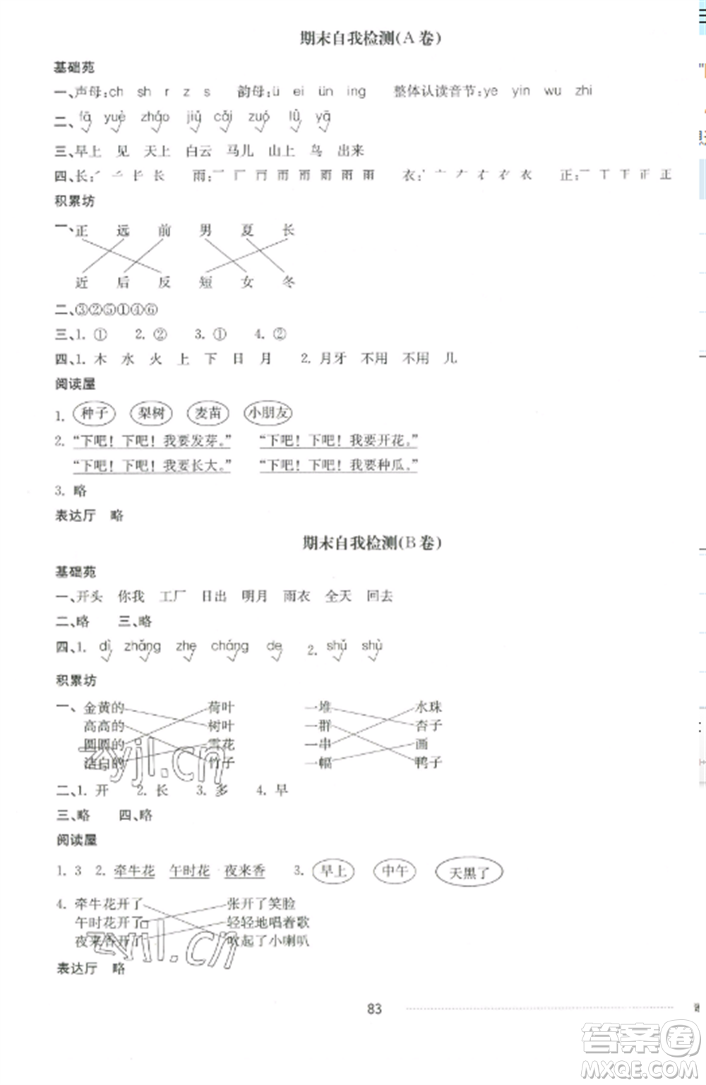 山東科學(xué)技術(shù)出版社2022同步練習(xí)冊(cè)配套單元自測(cè)卷一年級(jí)語文上冊(cè)人教版參考答案