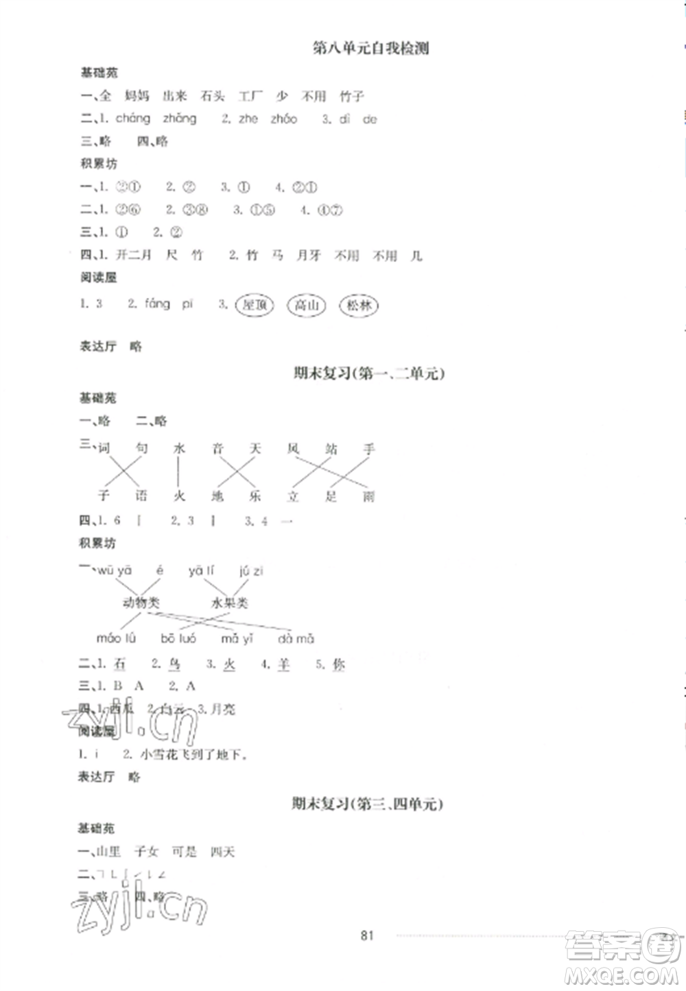 山東科學(xué)技術(shù)出版社2022同步練習(xí)冊(cè)配套單元自測(cè)卷一年級(jí)語文上冊(cè)人教版參考答案