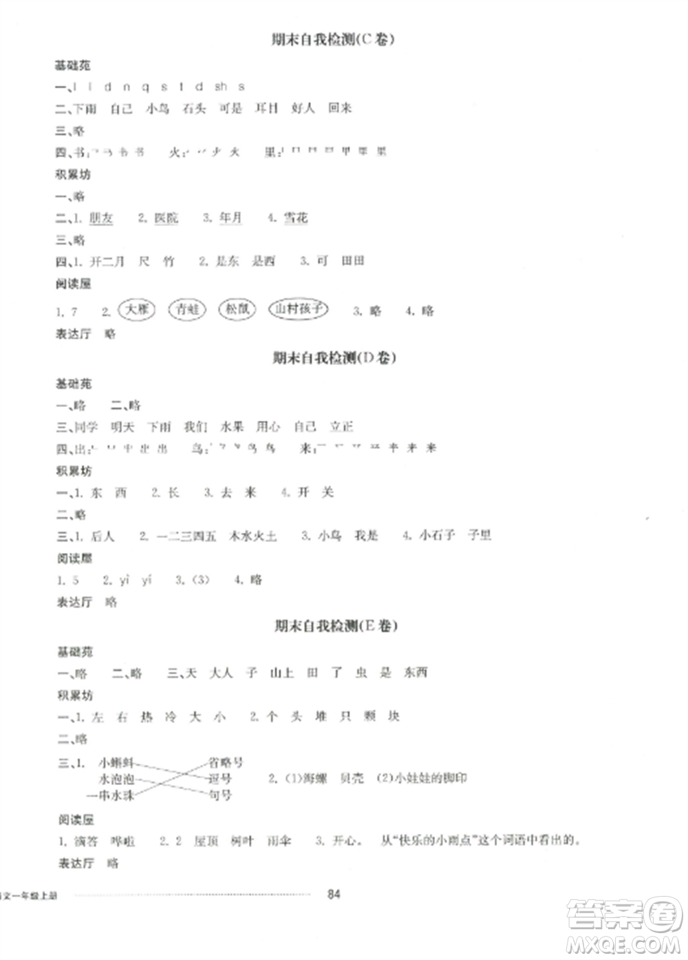 山東科學(xué)技術(shù)出版社2022同步練習(xí)冊(cè)配套單元自測(cè)卷一年級(jí)語文上冊(cè)人教版參考答案