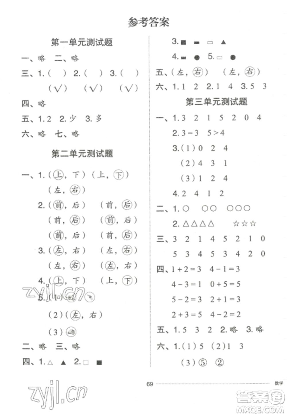 山東科學(xué)技術(shù)出版社2022同步練習(xí)冊配套單元自測卷一年級數(shù)學(xué)上冊人教版參考答案