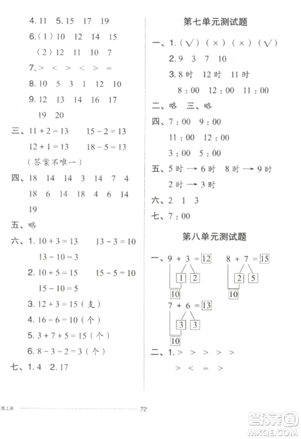 山東科學(xué)技術(shù)出版社2022同步練習(xí)冊配套單元自測卷一年級數(shù)學(xué)上冊人教版參考答案