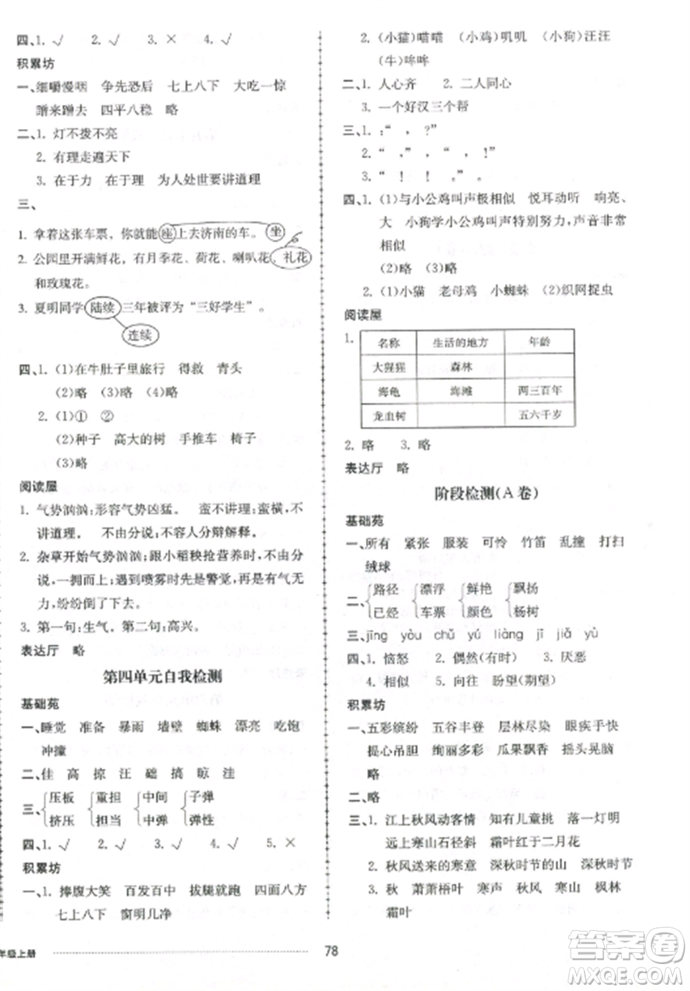 山東科學技術出版社2022同步練習冊配套單元自測卷三年級語文上冊人教版參考答案