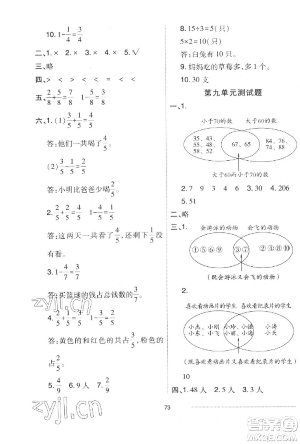 山東科學(xué)技術(shù)出版社2022同步練習(xí)冊配套單元自測卷三年級數(shù)學(xué)上冊人教版參考答案