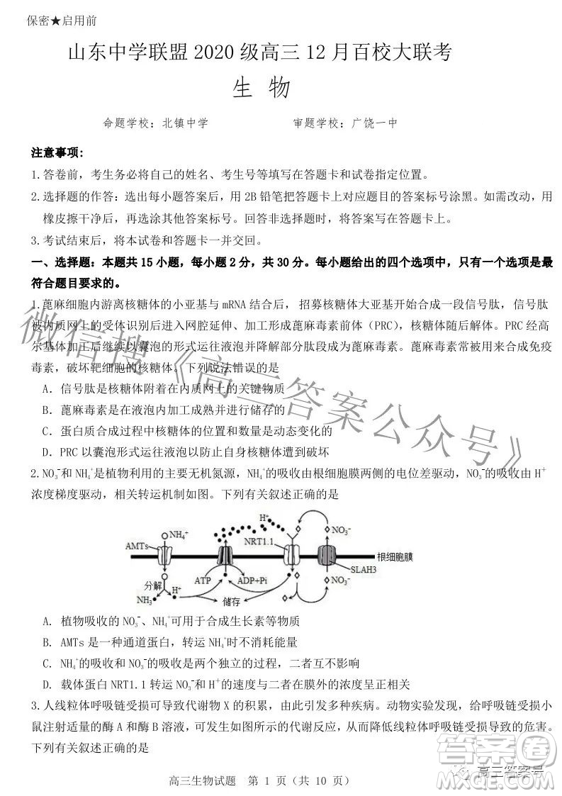 山東中學聯(lián)盟2020級高三12月百校大聯(lián)考生物試卷答案