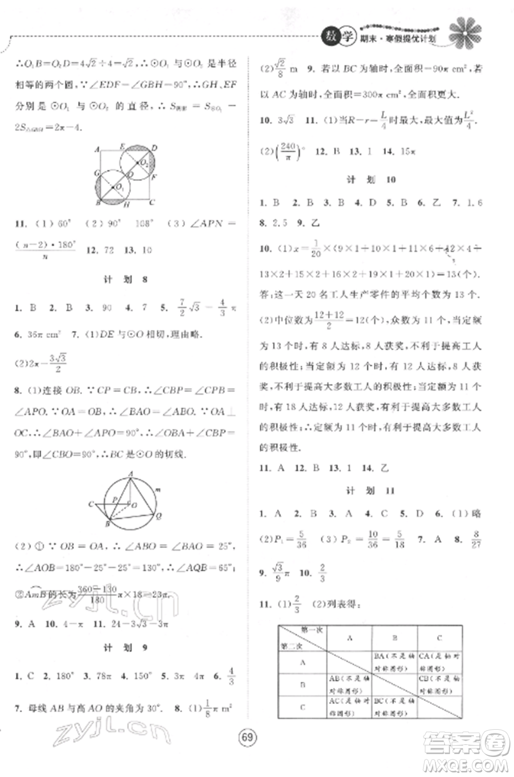 南京大學(xué)出版社2022期末寒假提優(yōu)計劃九年級數(shù)學(xué)全冊蘇科版參考答案