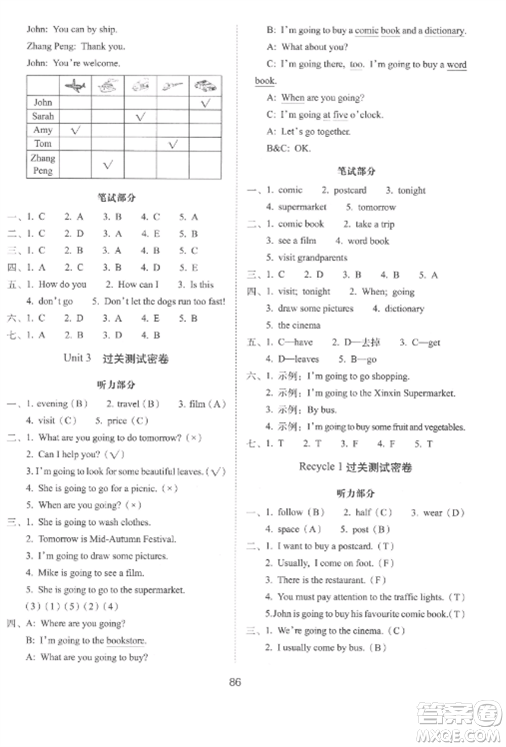 長春出版社2022期末沖刺100分完全試卷六年級(jí)英語上冊人教版參考答案