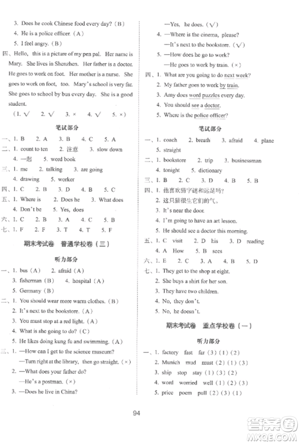 長春出版社2022期末沖刺100分完全試卷六年級(jí)英語上冊人教版參考答案