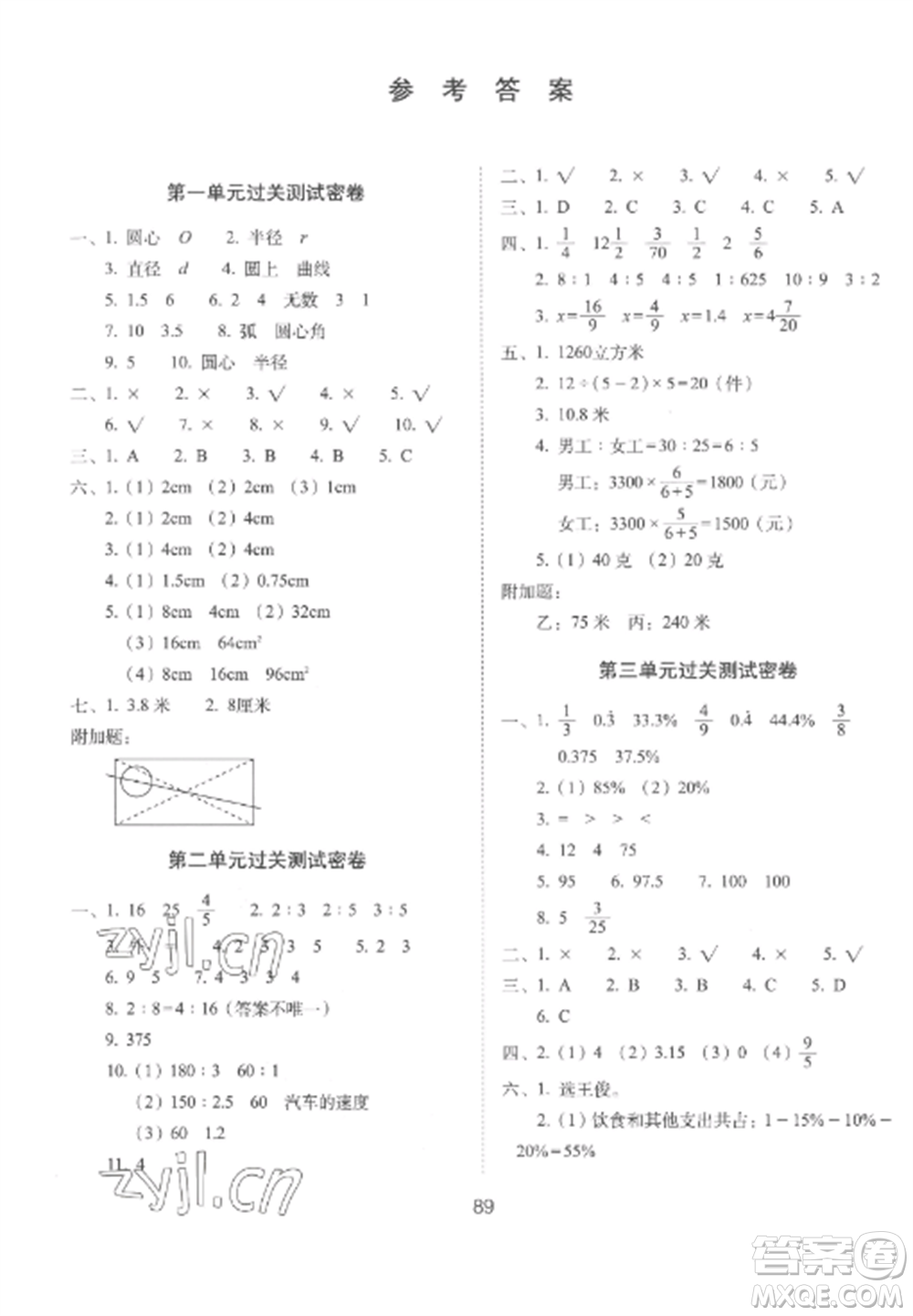 長(zhǎng)春出版社2022期末沖刺100分完全試卷六年級(jí)數(shù)學(xué)上冊(cè)冀教版參考答案