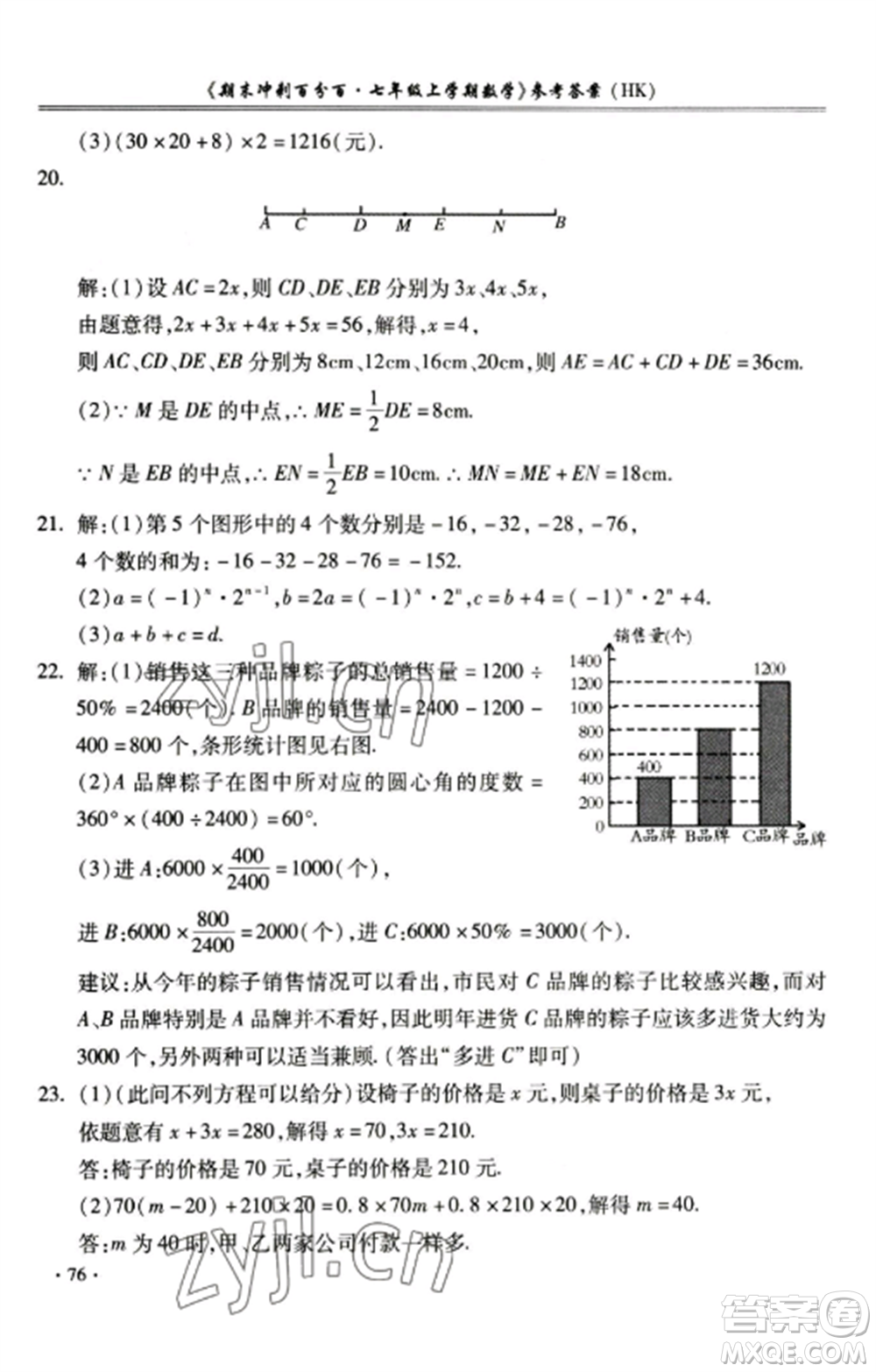 合肥工業(yè)大學(xué)出版社2022期末沖刺百分百七年級數(shù)學(xué)上冊滬科版參考答案