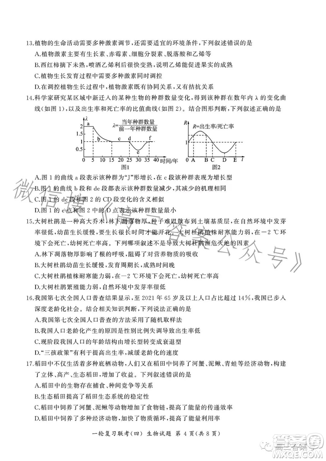 百師聯(lián)盟2023屆高三一輪復(fù)習(xí)聯(lián)考四生物試卷答案