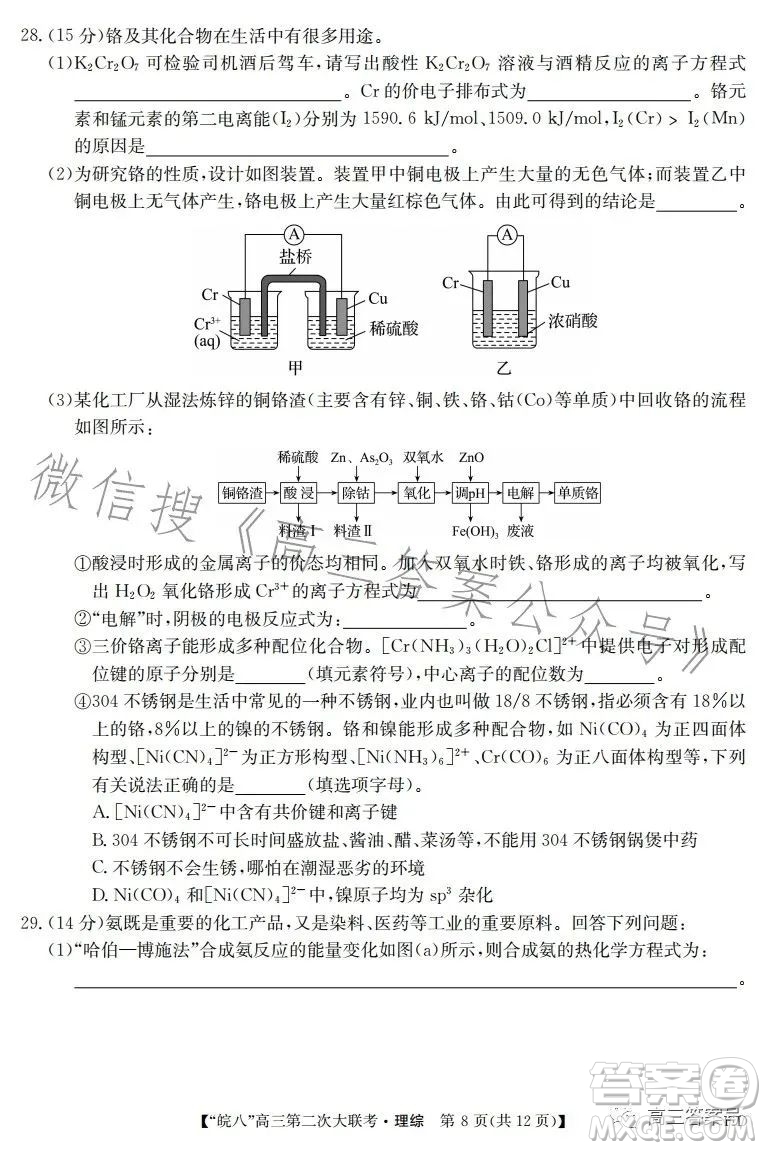 2023屆皖南八校高三第二次大聯(lián)考理科綜合試卷答案