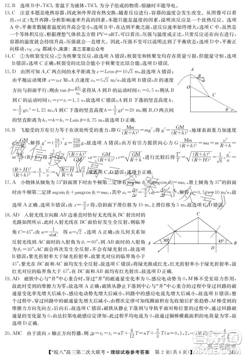 2023屆皖南八校高三第二次大聯(lián)考理科綜合試卷答案