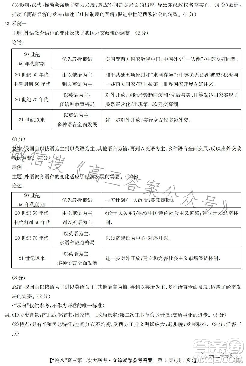 2023屆皖南八校高三第二次大聯(lián)考文科綜合試卷答案