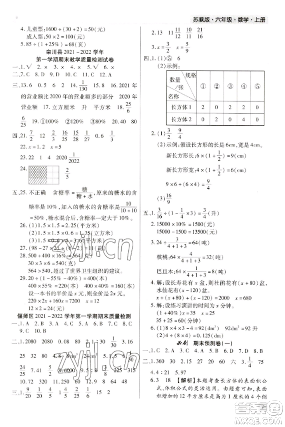 北方婦女兒童出版社2022期末考試必刷卷六年級數(shù)學(xué)上冊蘇教版九縣七區(qū)專版參考答案