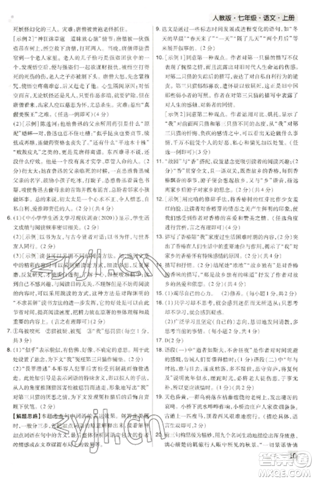 北方婦女兒童出版社2022期末考試必刷卷七年級語文上冊人教版河南專版參考答案