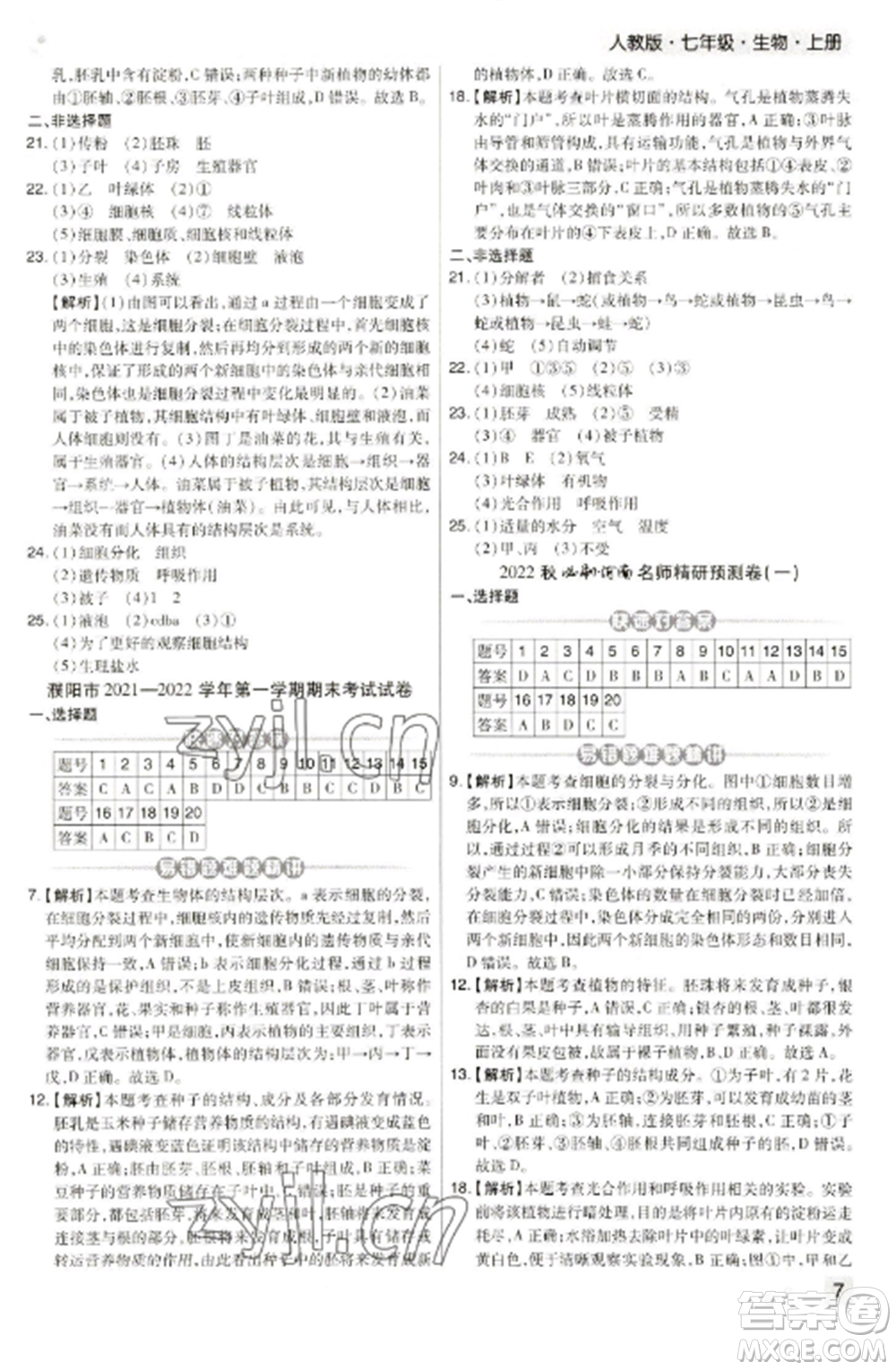 北方婦女兒童出版社2022期末考試必刷卷七年級(jí)生物上冊(cè)人教版河南專版參考答案