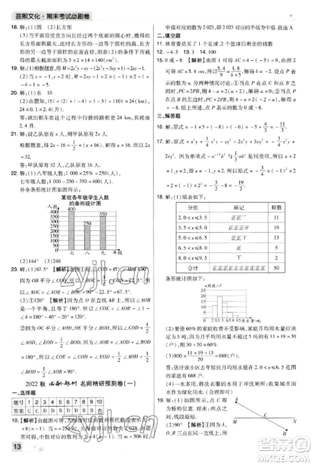 北方婦女兒童出版社2022期末考試必刷卷七年級數(shù)學(xué)上冊北師大版鄭州專版參考答案