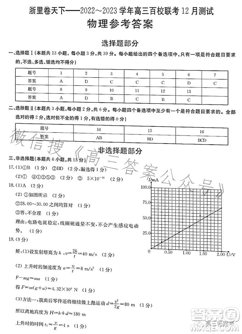 浙里卷天下2022-2023學(xué)年高三百校聯(lián)考12月測(cè)試物理試卷答案