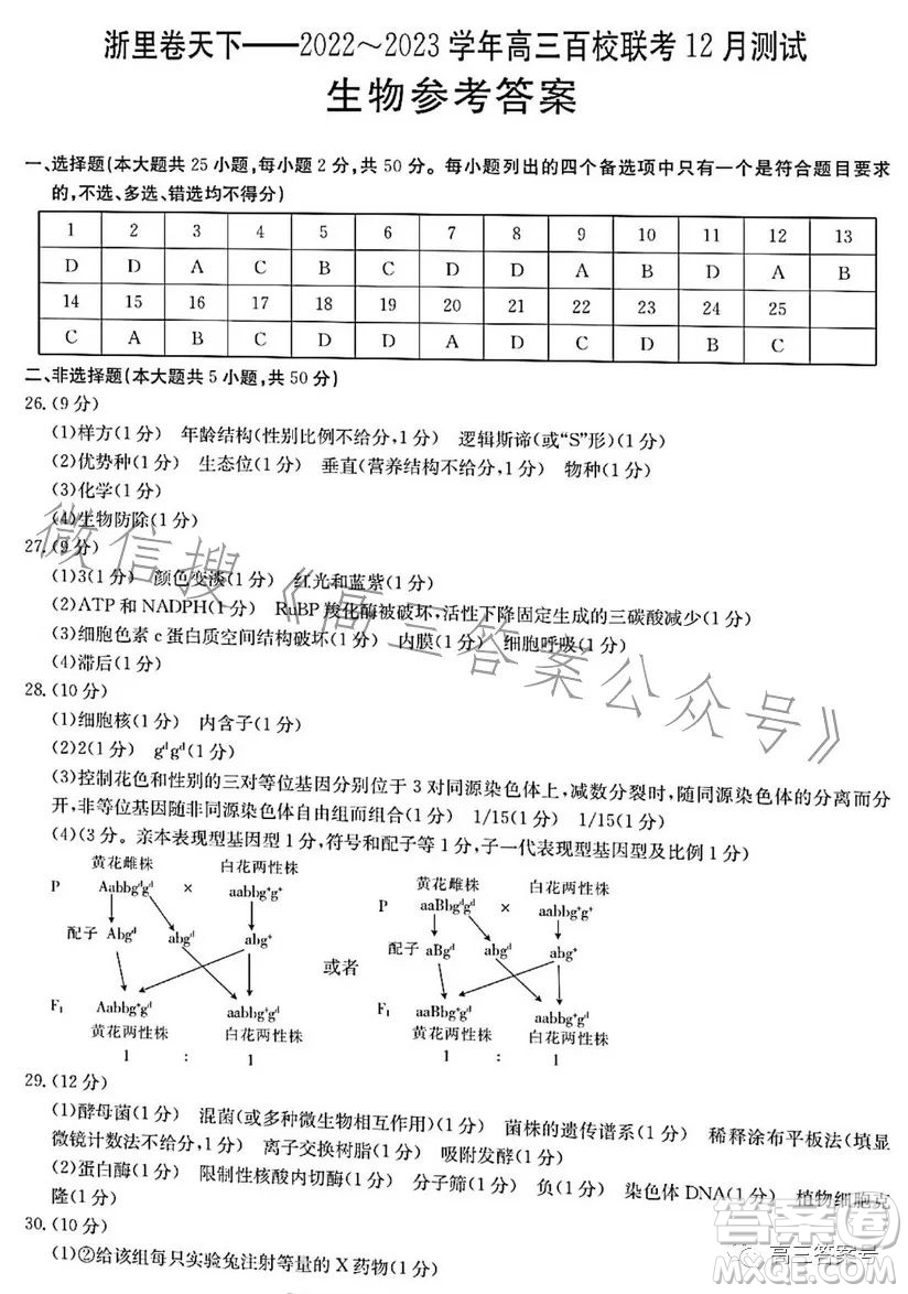 浙里卷天下2022-2023學(xué)年高三百校聯(lián)考12月測(cè)試生物試卷答案