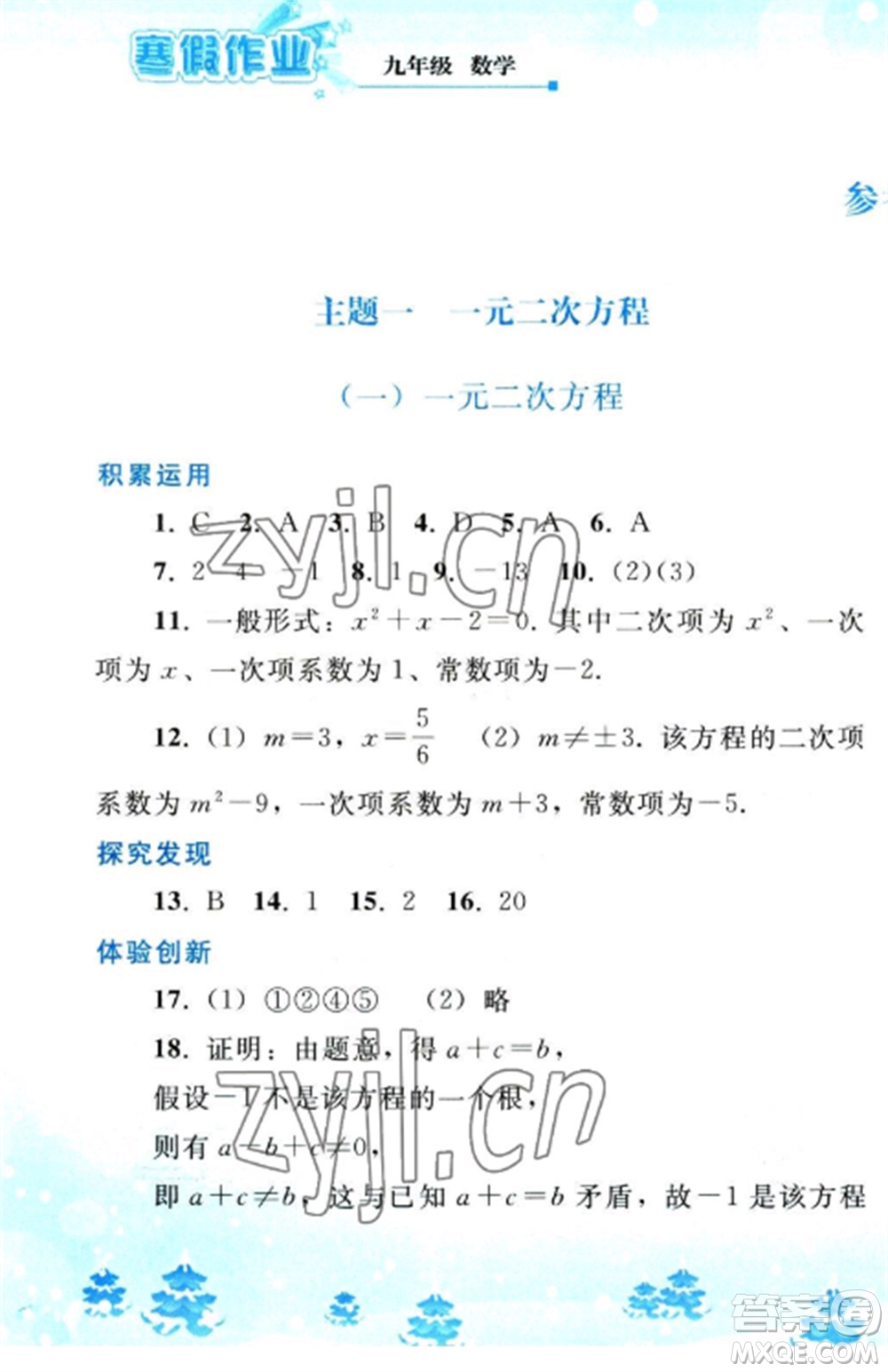 人民教育出版社2023寒假作業(yè)九年級數(shù)學(xué)全冊人教版參考答案