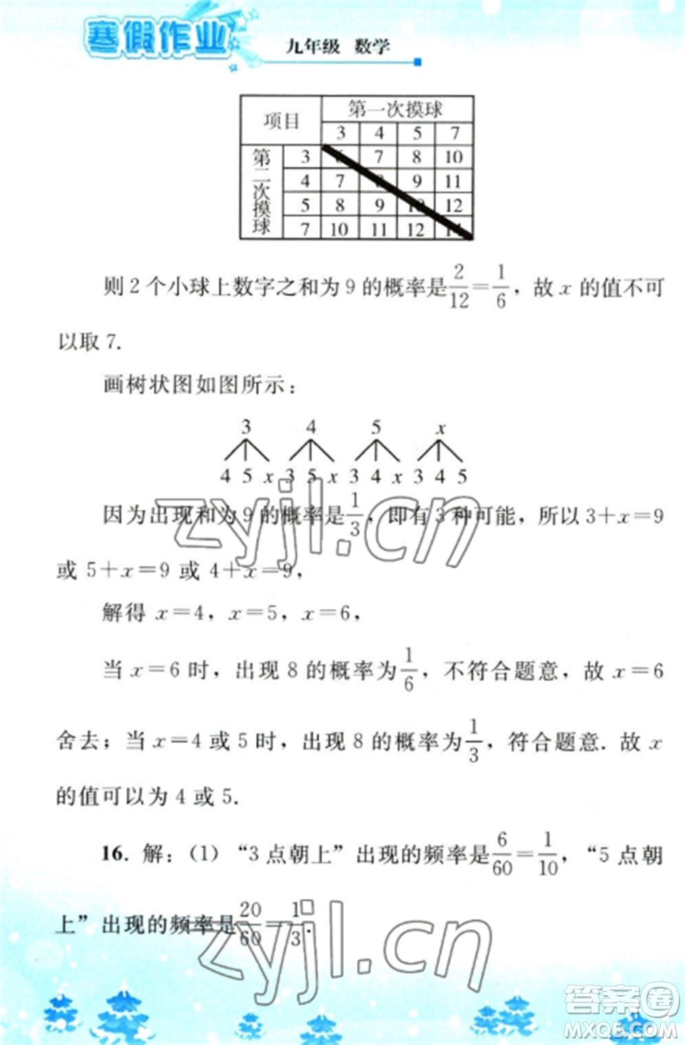 人民教育出版社2023寒假作業(yè)九年級數(shù)學(xué)全冊人教版參考答案