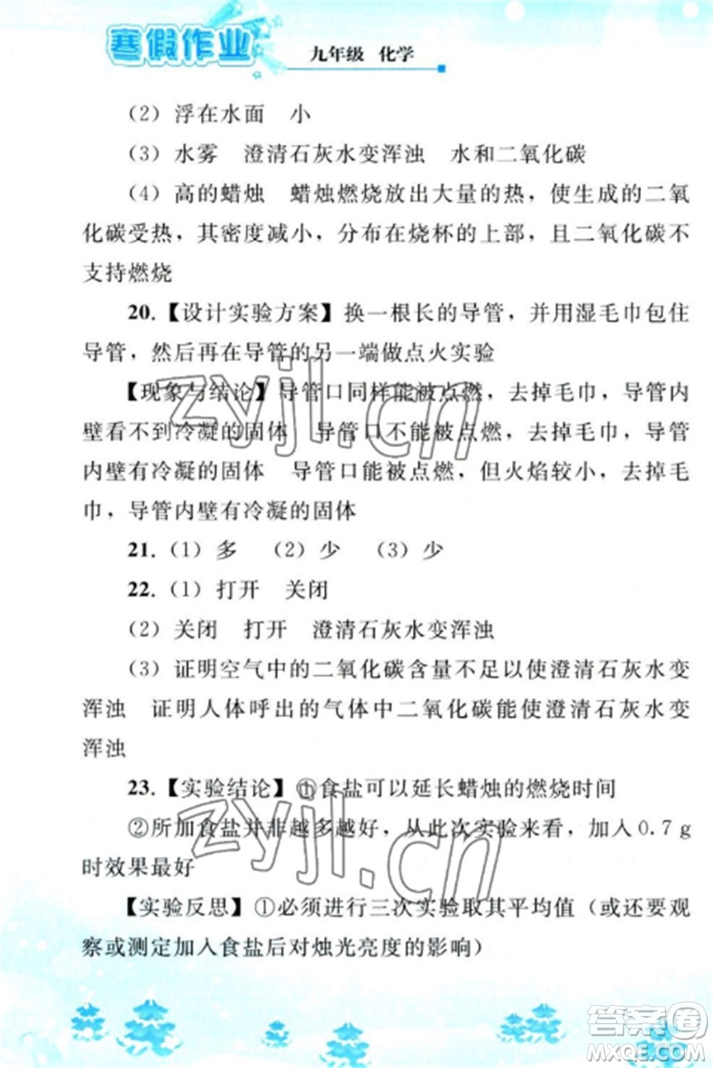 人民教育出版社2023寒假作業(yè)九年級(jí)化學(xué)全冊(cè)人教版參考答案