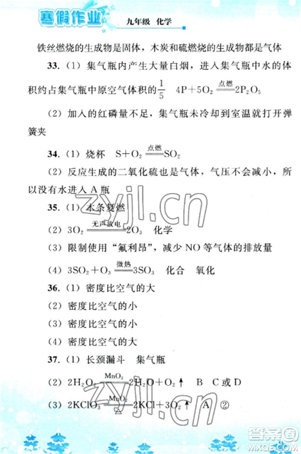 人民教育出版社2023寒假作業(yè)九年級(jí)化學(xué)全冊(cè)人教版參考答案