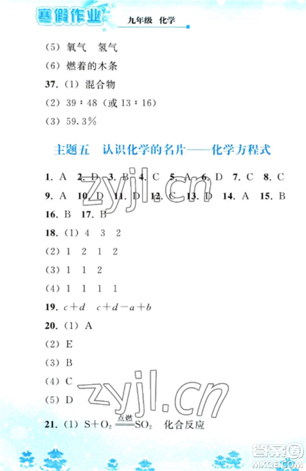 人民教育出版社2023寒假作業(yè)九年級(jí)化學(xué)全冊(cè)人教版參考答案