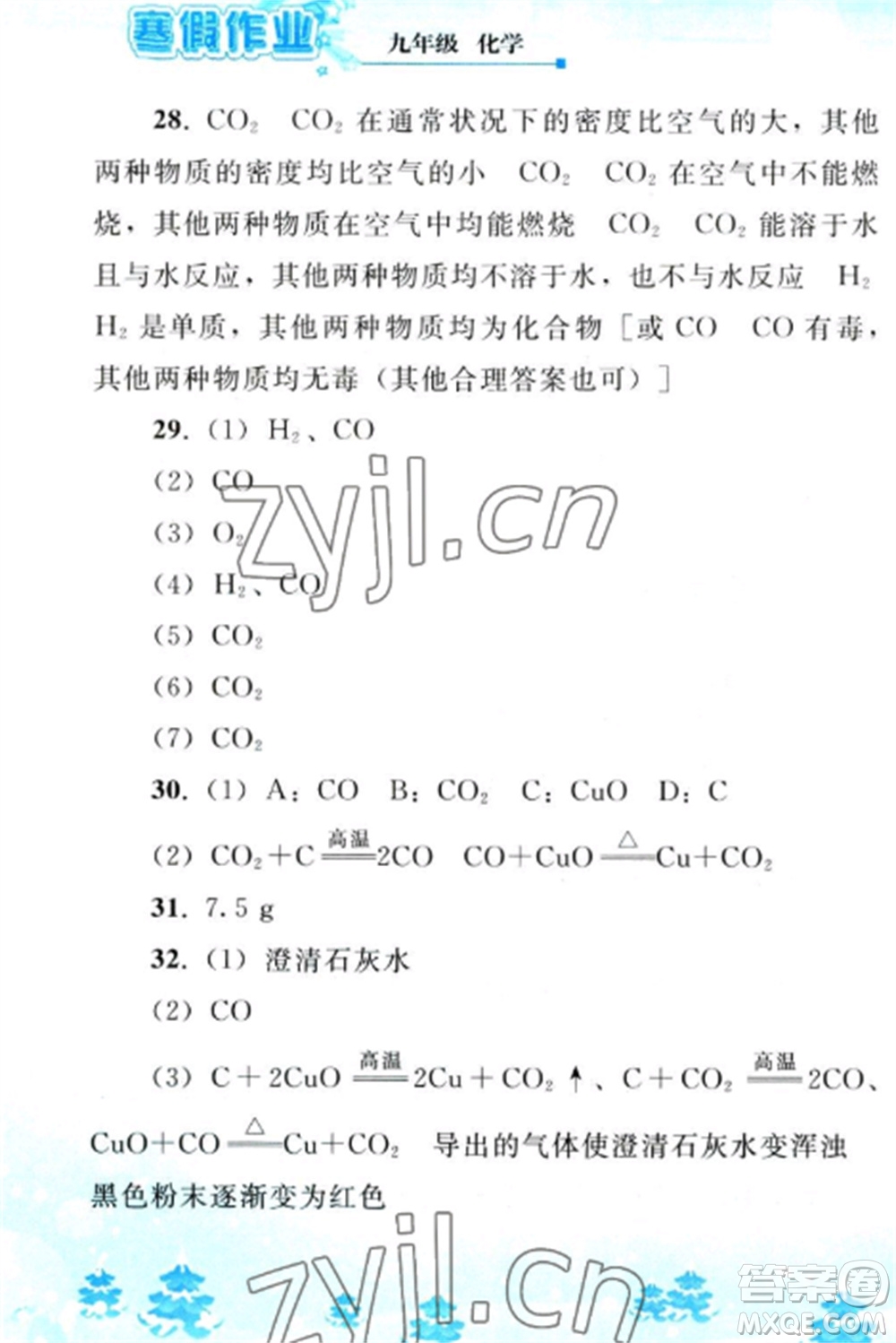 人民教育出版社2023寒假作業(yè)九年級(jí)化學(xué)全冊(cè)人教版參考答案