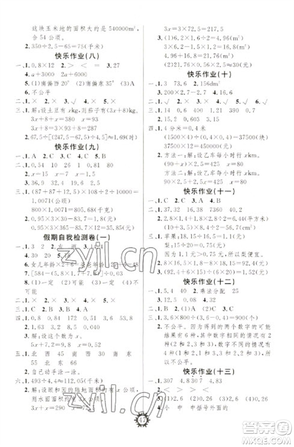 新疆文化出版社2023智多星假期作業(yè)快樂(lè)寒假五年級(jí)數(shù)學(xué)通用版參考答案