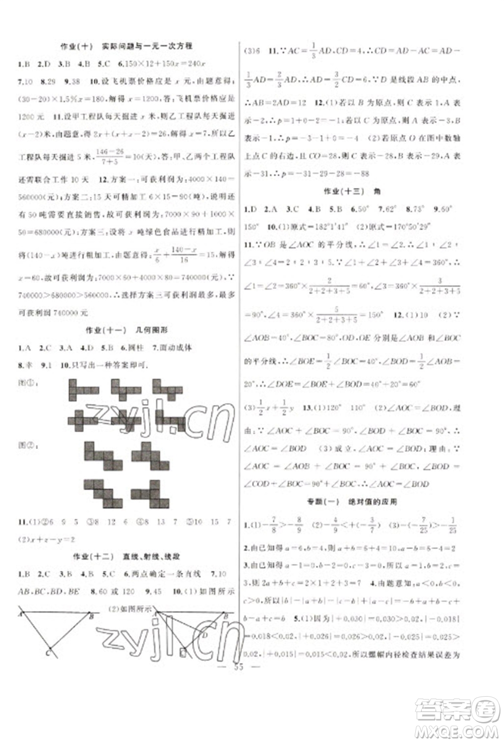 新疆青少年出版社2023寒假作業(yè)七年級(jí)數(shù)學(xué)通用版參考答案