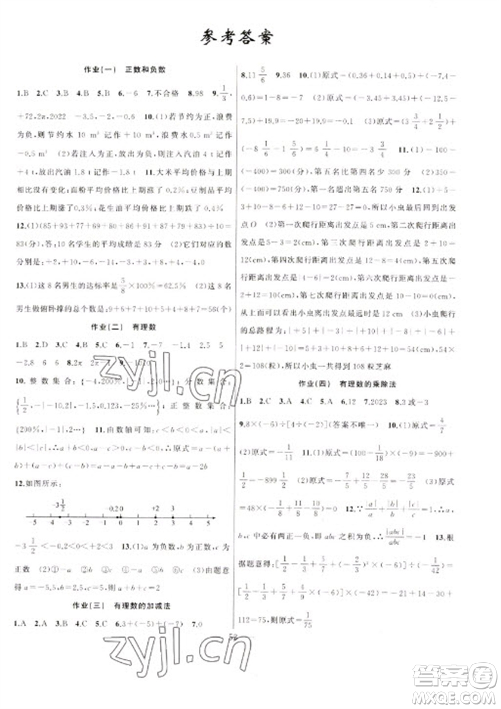 新疆青少年出版社2023寒假作業(yè)七年級(jí)數(shù)學(xué)通用版參考答案