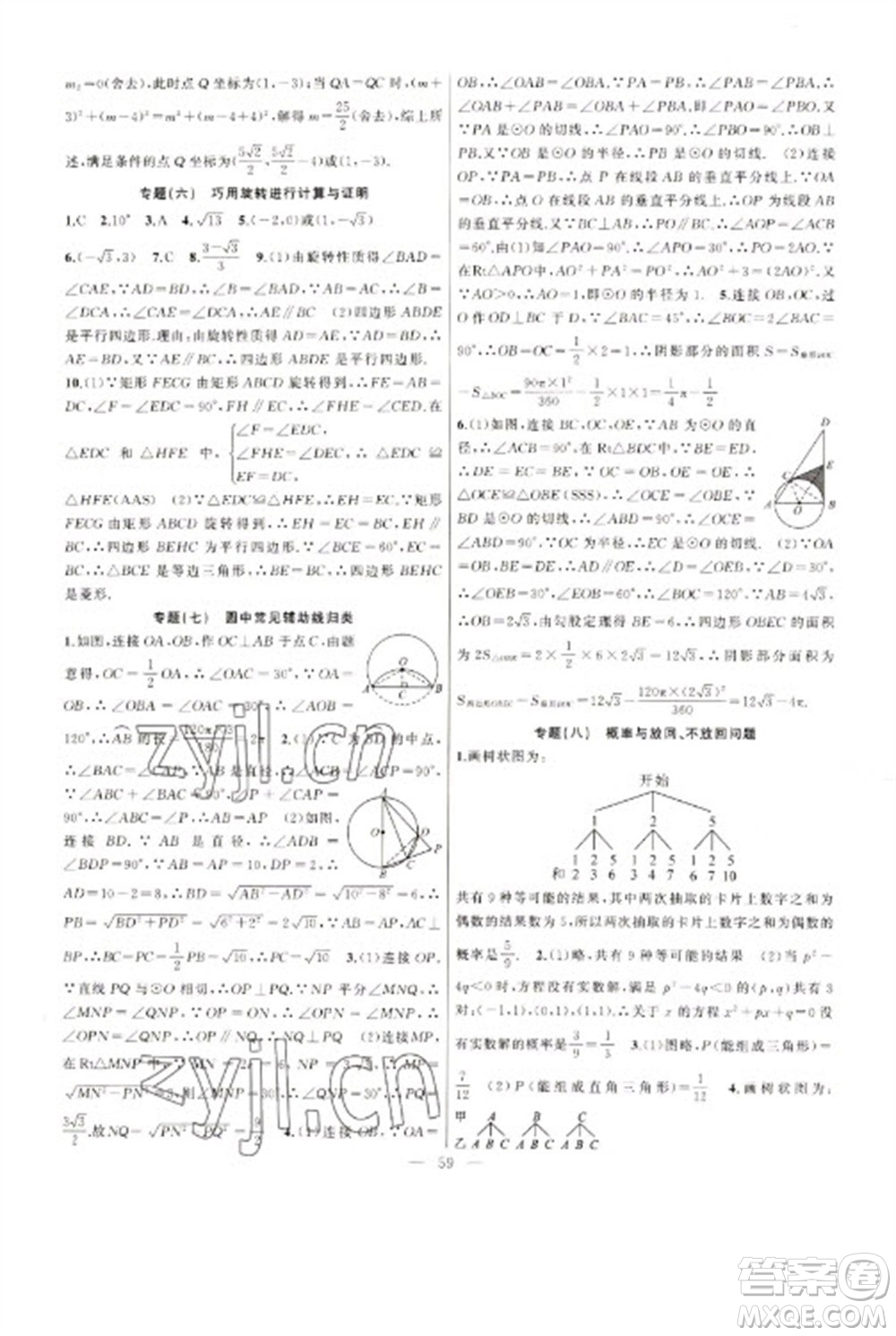 新疆青少年出版社2023寒假作業(yè)九年級(jí)數(shù)學(xué)人教版參考答案