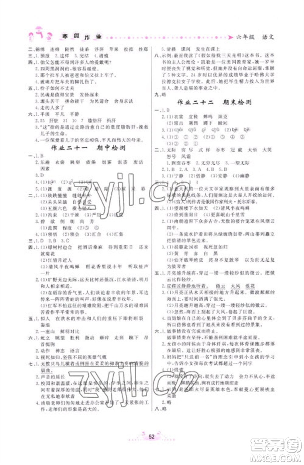 內(nèi)蒙古人民出版社2023寒假作業(yè)六年級語文通用版參考答案