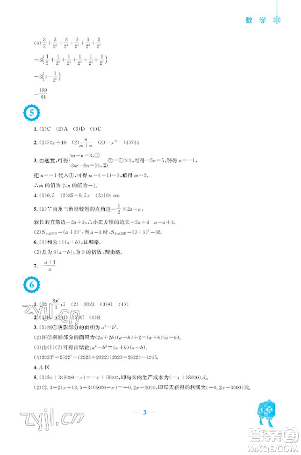 安徽教育出版社2023寒假作業(yè)七年級數(shù)學滬科版參考答案