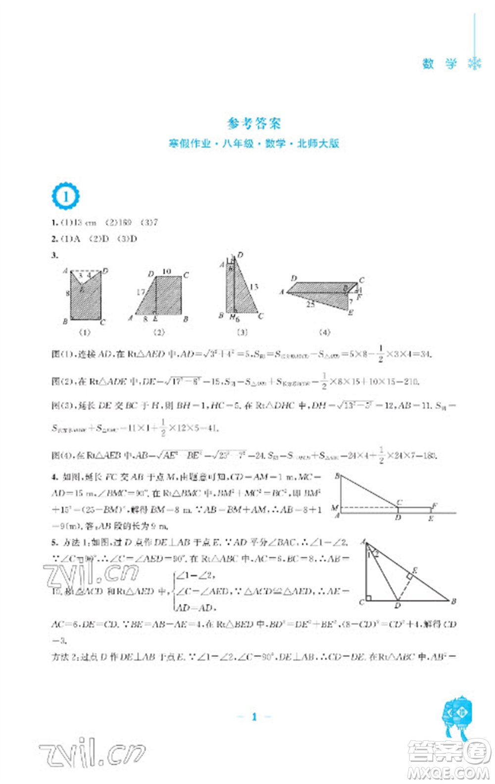 安徽教育出版社2023寒假作業(yè)八年級數(shù)學北師大版參考答案